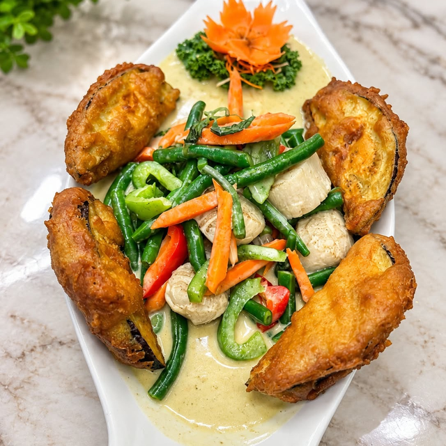 SP8. (D) Fried Eggplant & Sea Scallops.